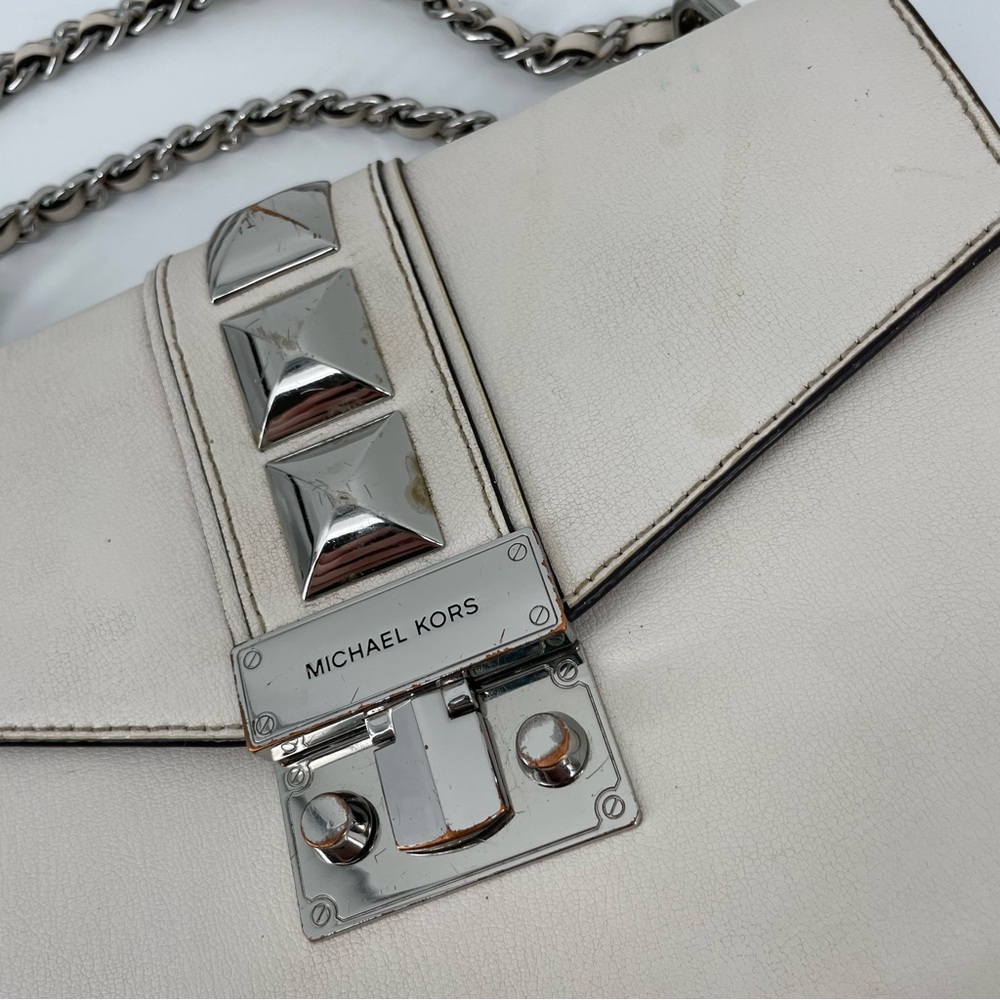 Michael Kors Rose Medium Flap Shoulder Bag White Leather Studded - Picture 13 of 15